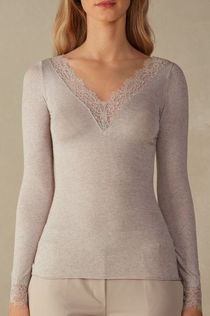 Camisa Intimissimi Modal Cashmere Ultralight Long Lace Mujer Beige | MVQT-42653