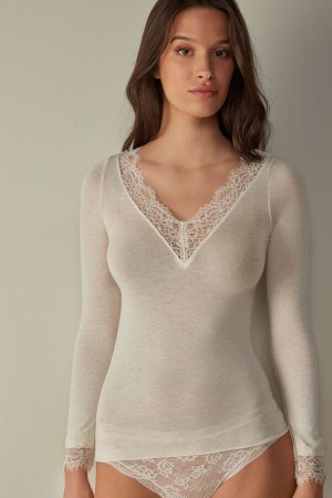 Camisa Intimissimi Modal Cashmere Ultralight Long Lace Mujer Amarillos Claro | NGIZ-72481