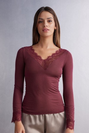 Camisa Intimissimi Modal Cashmere Ultralight Long Lace Mujer Rojos | HLTW-87351