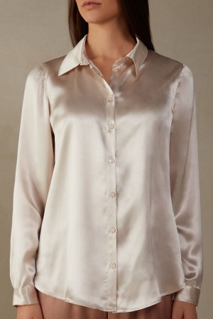 Camisa Intimissimi Silk Mujer Creme Rosas | PDLT-18975