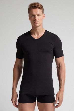 Camiseta Intimissimi Stretch Superior Cotton V-Neck Hombre Negros | XKPJ-12983