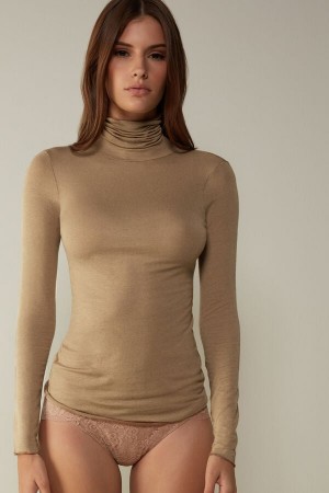 Manga Larga Intimissimi Modal Cashmere Ultralight High-Neck Mujer Marrom | MAEJ-30251