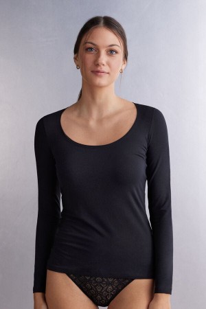 Manga Larga Intimissimi Scoop Neck In Micro-Modal Mujer Negros | TXFD-93820