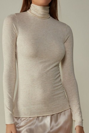 Manga Larga Intimissimi Turtleneck In Modal Light With Cashmere Lamé Mujer Creme Blancos | BENI-10964