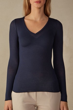 Manga Larga Intimissimi V-Neck Top In Modal Ultralight With Cashmere Mujer Azules | OHVK-68025