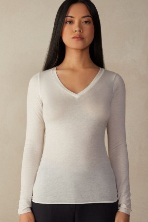 Manga Larga Intimissimi V-Neck Top In Modal Ultralight With Cashmere Mujer Amarillos Claro | EPKF-52430