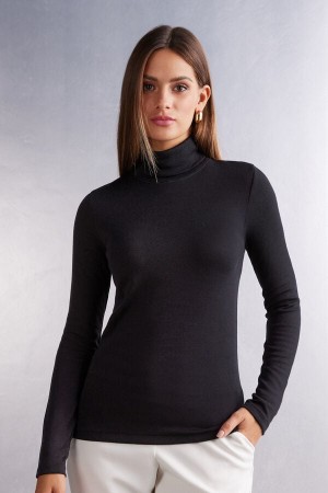 Manga Larga Intimissimi Wool Cotton High Collar Mujer Negros | KSZC-29786