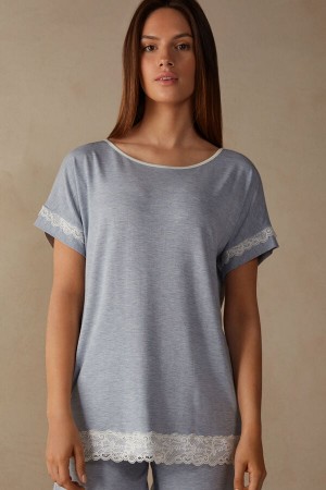 Pijama Intimissimi Short-Sleeve Modal With Lace Detail Mujer Azules Claro | RQMW-05231