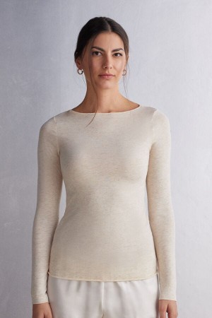 Suéter Intimissimi Crewneck In Modal Light With Cashmere Lamé Mujer Creme Blancos | TWAH-32751