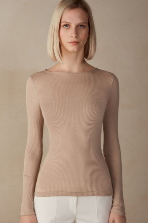 Suéter Intimissimi Wide Neck Wool And Silk Mujer Beige | CDBH-14902