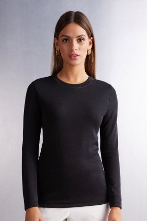 Suéter Intimissimi Wool Cotton Crewneck Mujer Negros | SXUF-32057