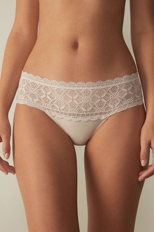 Bragas Intimissimi Lace And Cotton High Rise Mujer Creme Rosas | LVBZ-75418