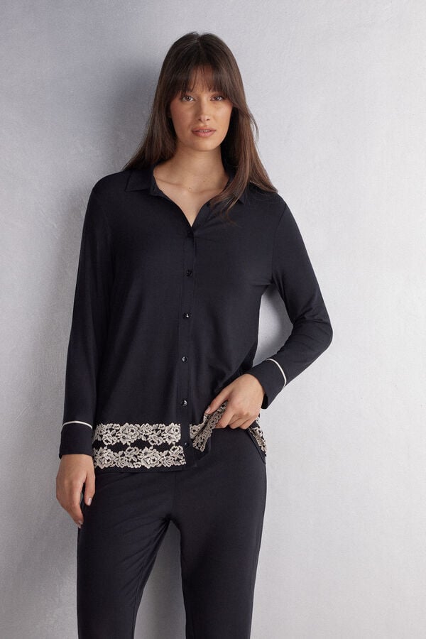 Camisa Intimissimi Pretty Flowers Button Up In Modal Mujer Negros Blancos | HDIG-70234