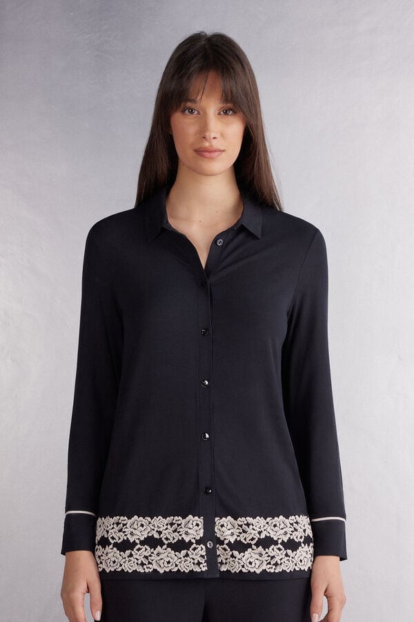 Camisa Intimissimi Pretty Flowers Button Up In Modal Mujer Negros Blancos | HDIG-70234