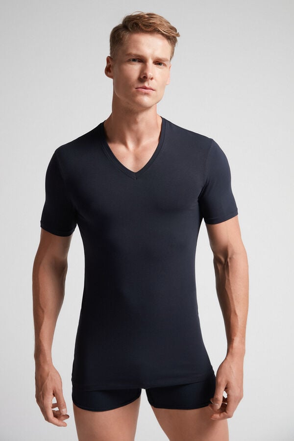 Camiseta Intimissimi Stretch Superior Cotton V-Neck Hombre Negros | JXQT-18560