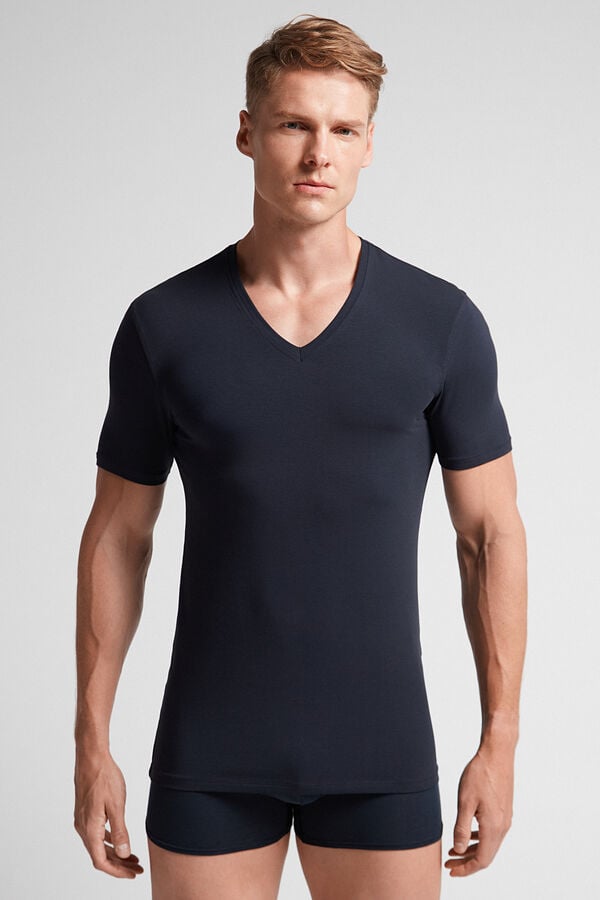 Camiseta Intimissimi Stretch Superior Cotton V-Neck Hombre Negros | JXQT-18560