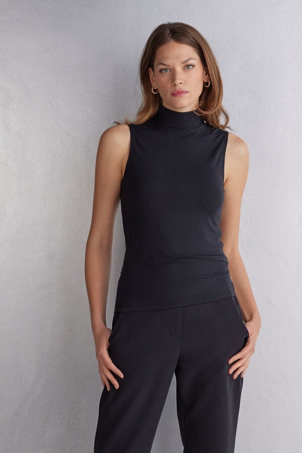 Camiseta sin Manga Intimissimi Sleeveless Turtleneck Micromodal Mujer Negros | KUDQ-83021