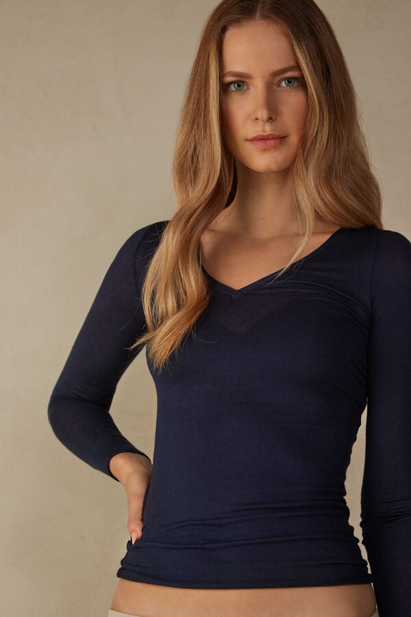 Manga Larga Intimissimi V-Neck Top In Modal Ultralight With Cashmere Mujer Azules | OHVK-68025